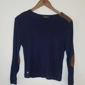 Lauren Ralph Lauren Long Sleeve Top Navy Blue with Brown Elbow Patches